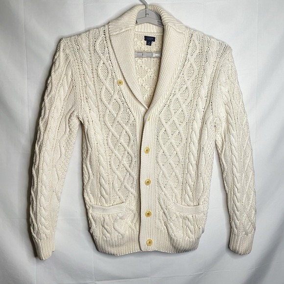 J. CREW Mens Sweater Cable-Knit Shawl Collar Cardigan Cotton Natural Men's‎ S